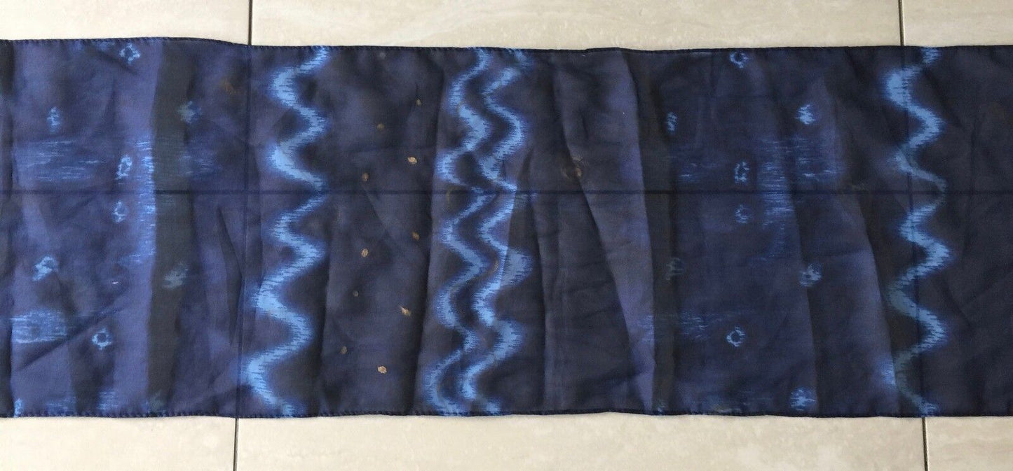 Long Silk Scarf Neckerchief Rectangle Wrap Blues & Gold Semi Sheer Print Shawl