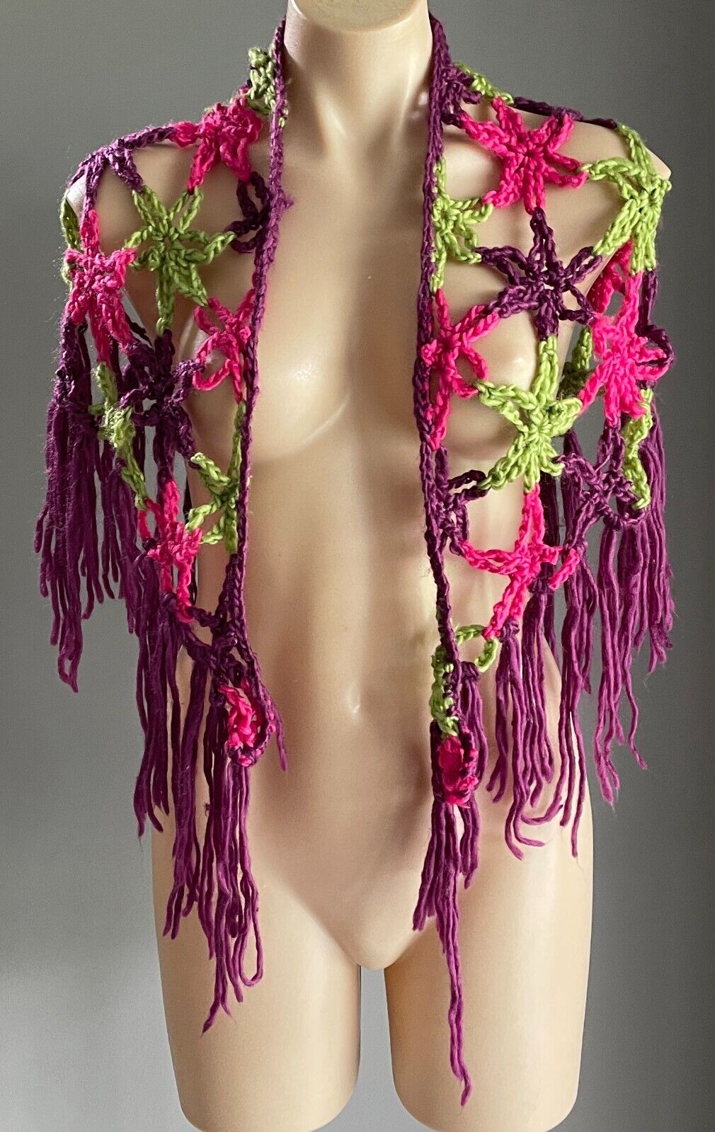 Ladies Hand Made Open Knit Pink, Green, Purple Wrap Shawl w Fringe Trim OSFA