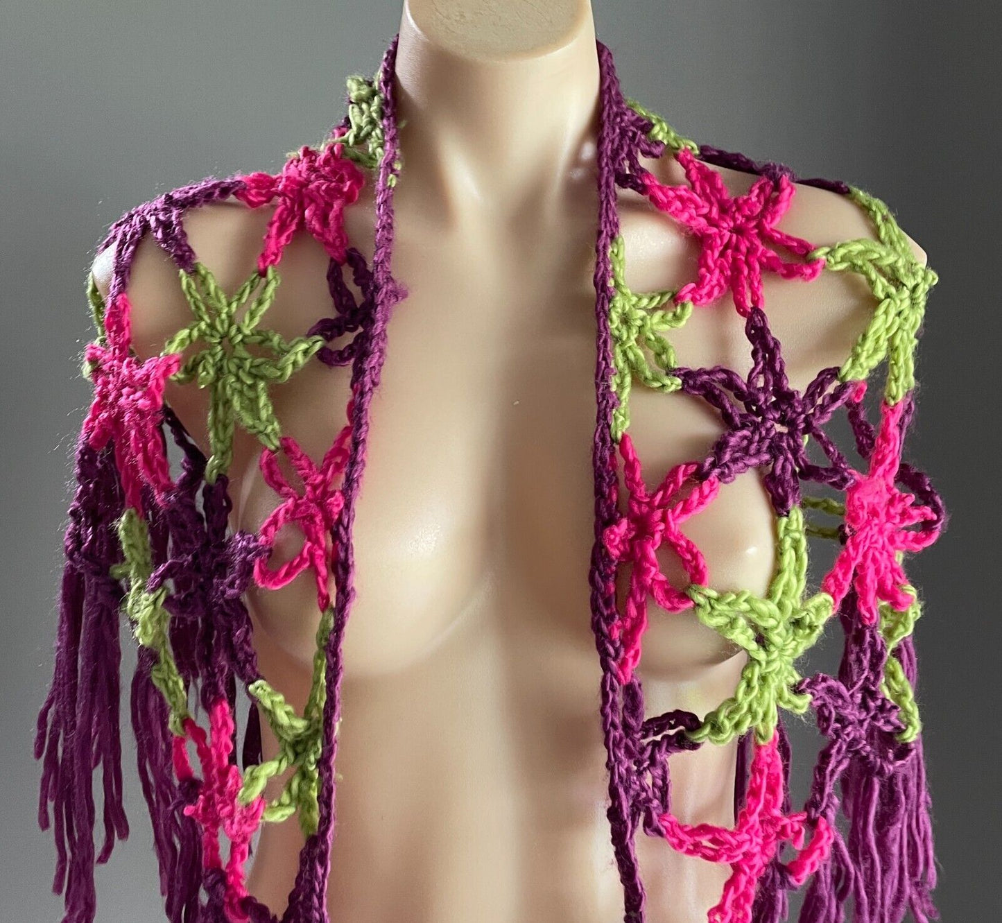 Ladies Hand Made Open Knit Pink, Green, Purple Wrap Shawl w Fringe Trim OSFA