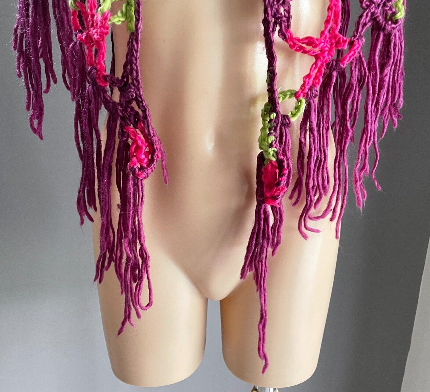 Ladies Hand Made Open Knit Pink, Green, Purple Wrap Shawl w Fringe Trim OSFA
