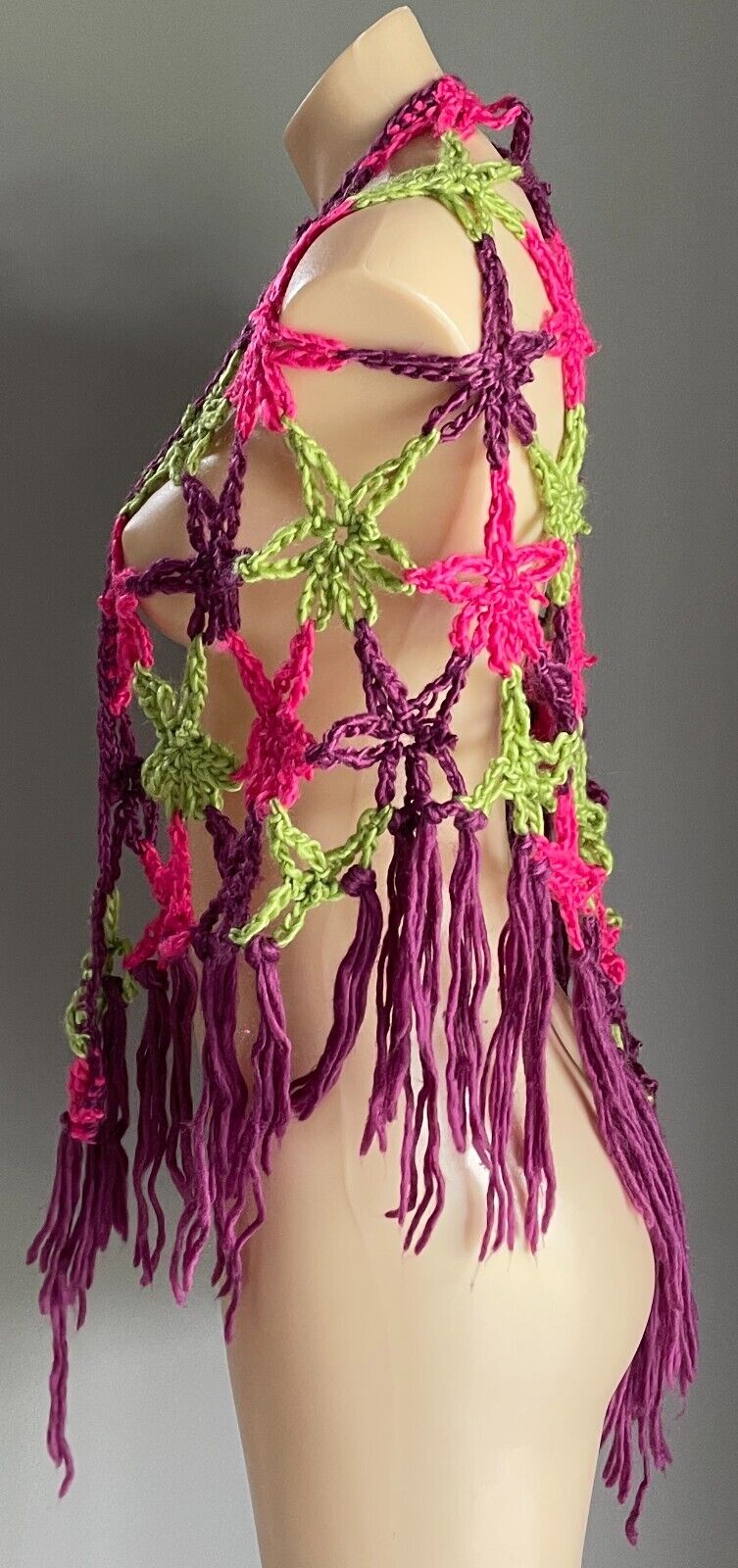 Ladies Hand Made Open Knit Pink, Green, Purple Wrap Shawl w Fringe Trim OSFA