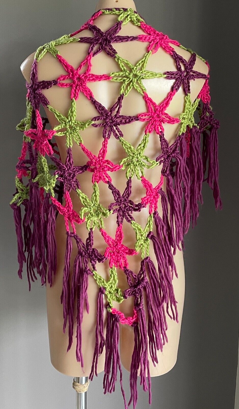 Ladies Hand Made Open Knit Pink, Green, Purple Wrap Shawl w Fringe Trim OSFA