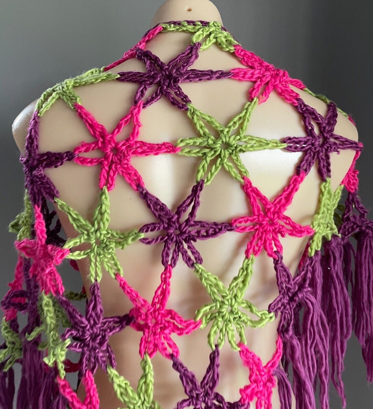 Ladies Hand Made Open Knit Pink, Green, Purple Wrap Shawl w Fringe Trim OSFA