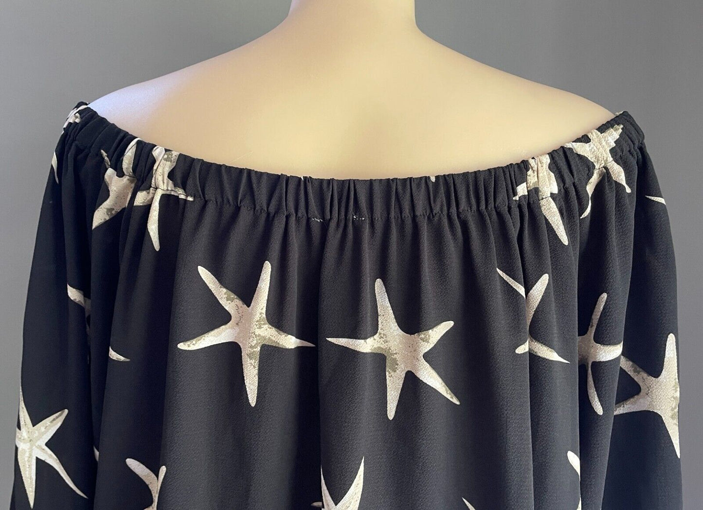 Black Top Off The Shoulder 3/4 Tie Sleeve Blouse Taupe Beige Star Fish Sz 20