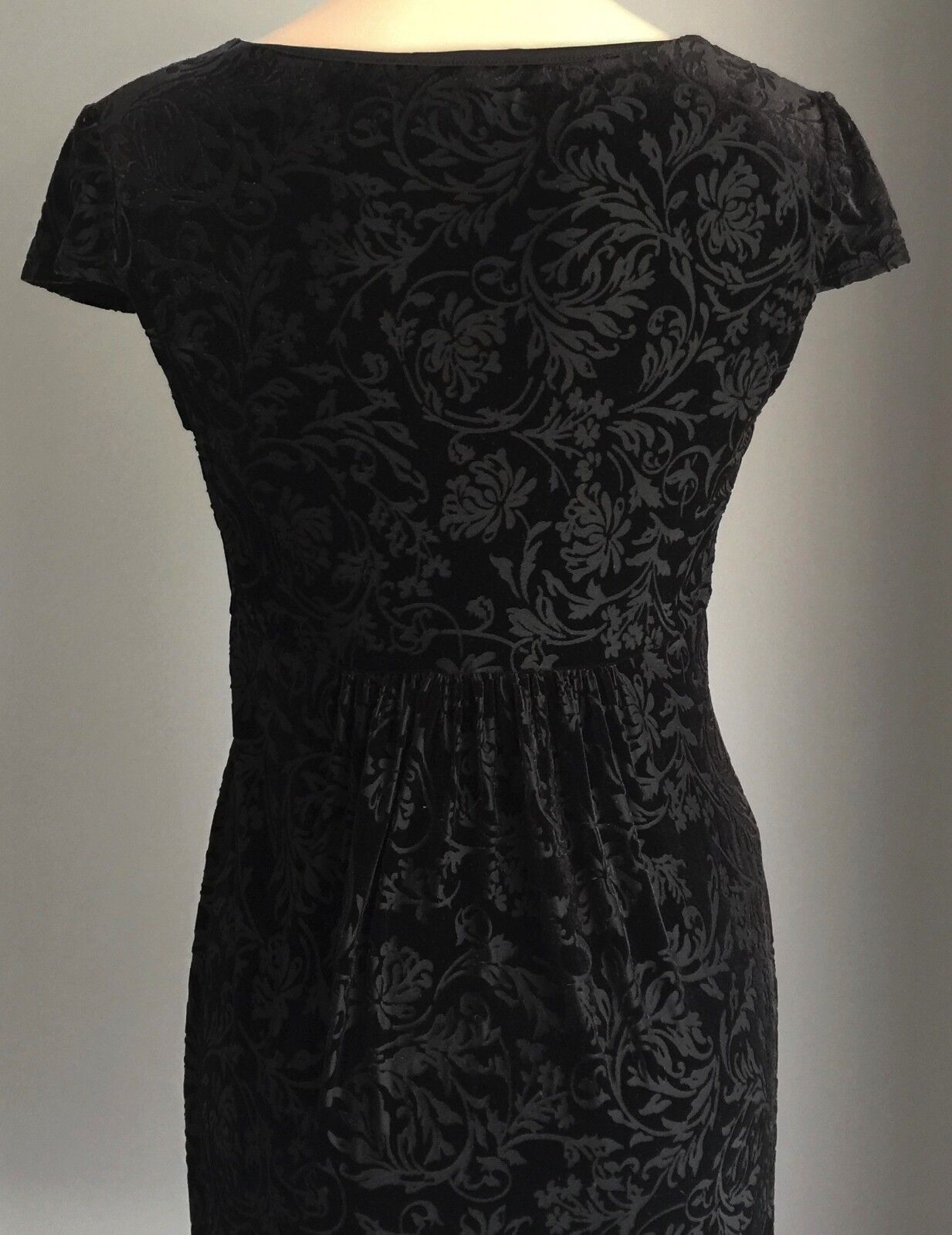 PER UNA Black Dress Baroque Print Velvet Look Empire Waist Size 10 Stunning