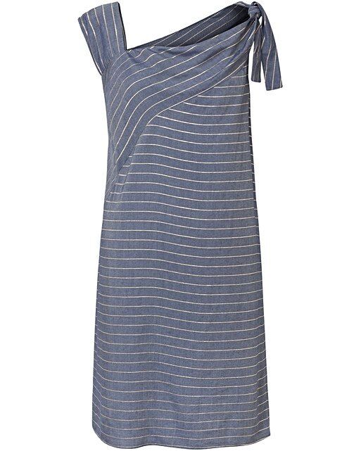 OLIVER BONAS "Absorb" Shift Dress Blue Gold Stripe Shoulder Tie Ladies Size 10