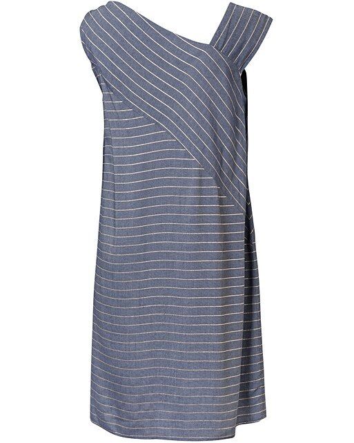 OLIVER BONAS "Absorb" Shift Dress Blue Gold Stripe Shoulder Tie Ladies Size 10