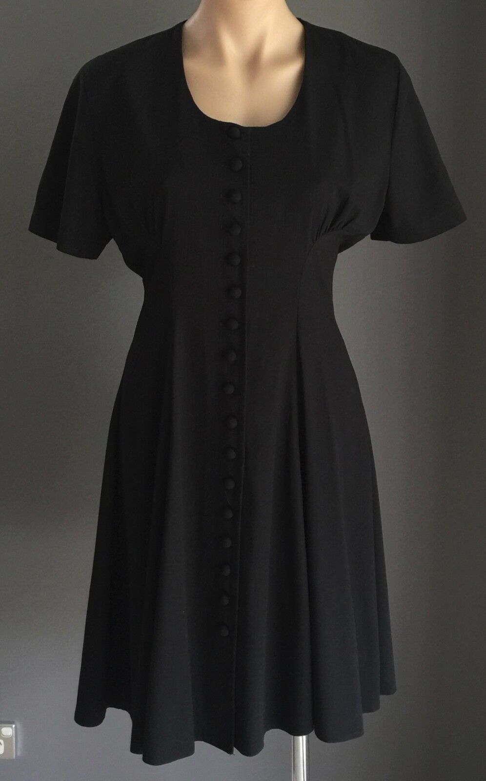 CHARLOTTE HALTON Dress Black Button Front Back Tie Knee Length Size 10 Vintage