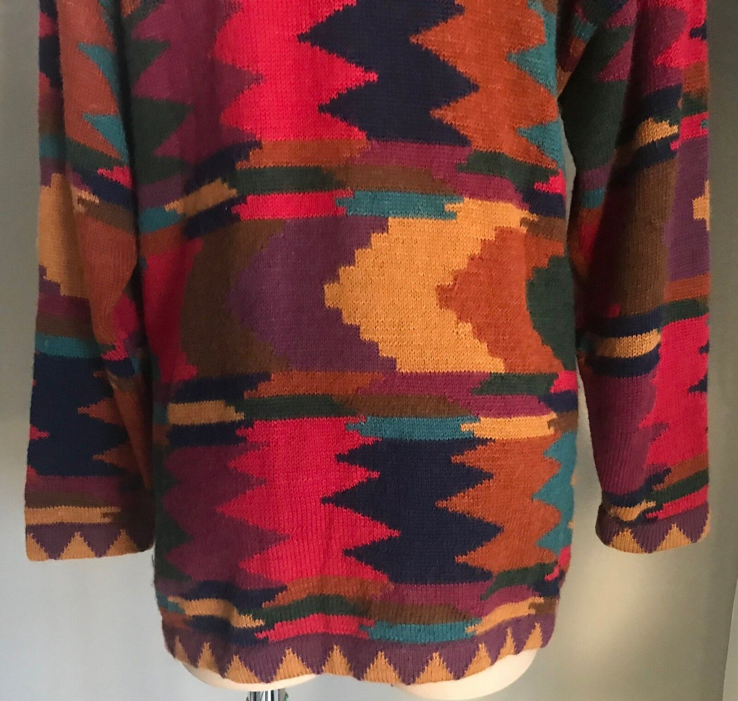 CARDIGAN Multi Colour Geometric Print Long Sleeve Sweater Size 14 16 Vintage