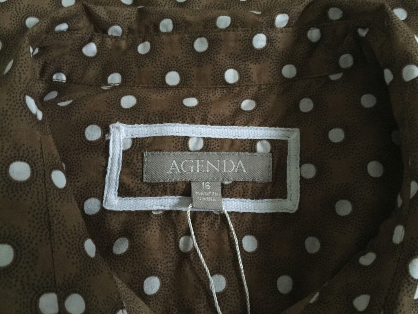 AGENDA Shirt Cotton Brown White Black Polka Long Sleeve Top 16 1950s Vibe NEW