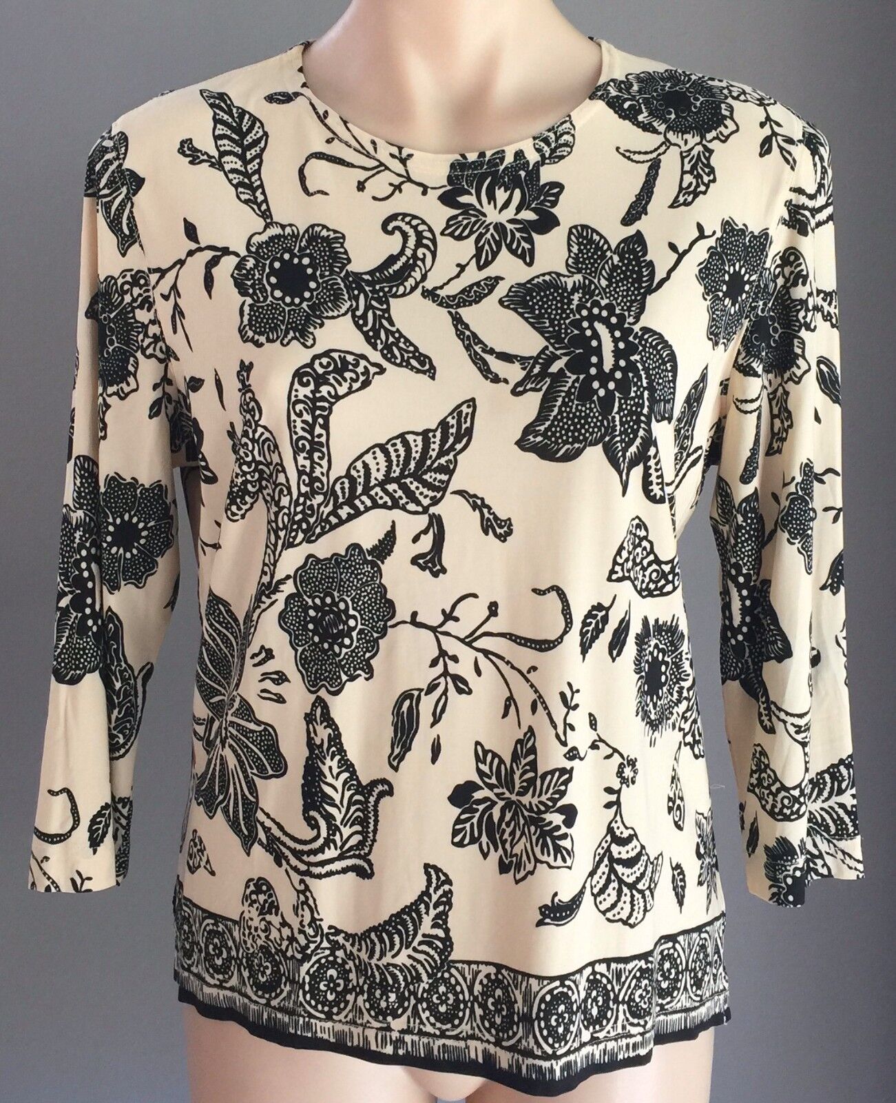 Stretch Top Cream & Black Floral Print 3/4 Sleeve Ladies Size S 10 - 12 Retro