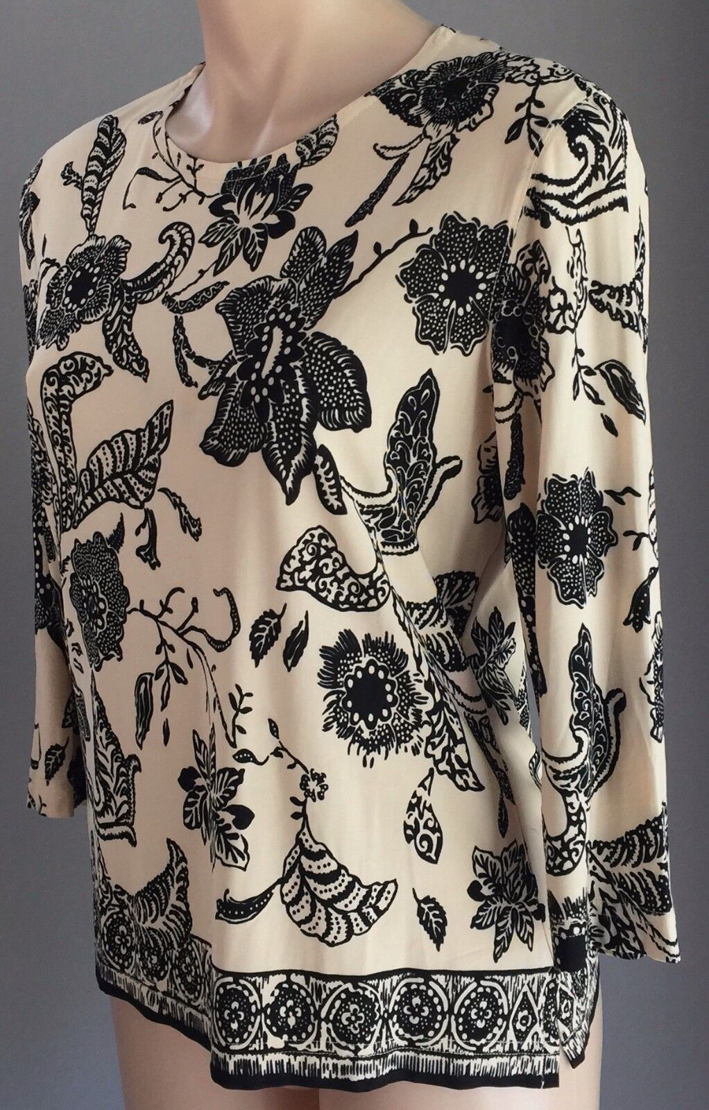 Stretch Top Cream & Black Floral Print 3/4 Sleeve Ladies Size S 10 - 12 Retro