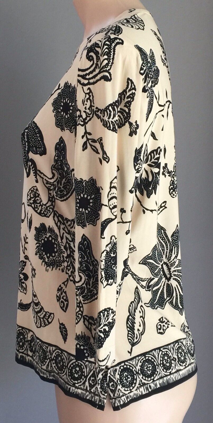 Stretch Top Cream & Black Floral Print 3/4 Sleeve Ladies Size S 10 - 12 Retro