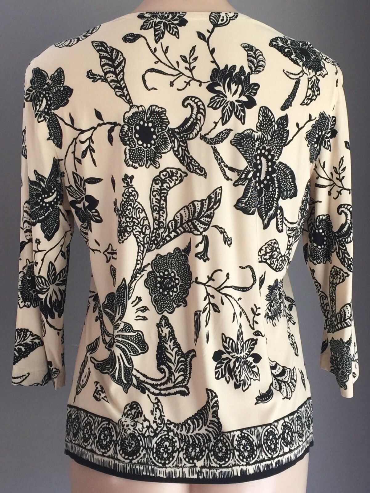 Stretch Top Cream & Black Floral Print 3/4 Sleeve Ladies Size S 10 - 12 Retro