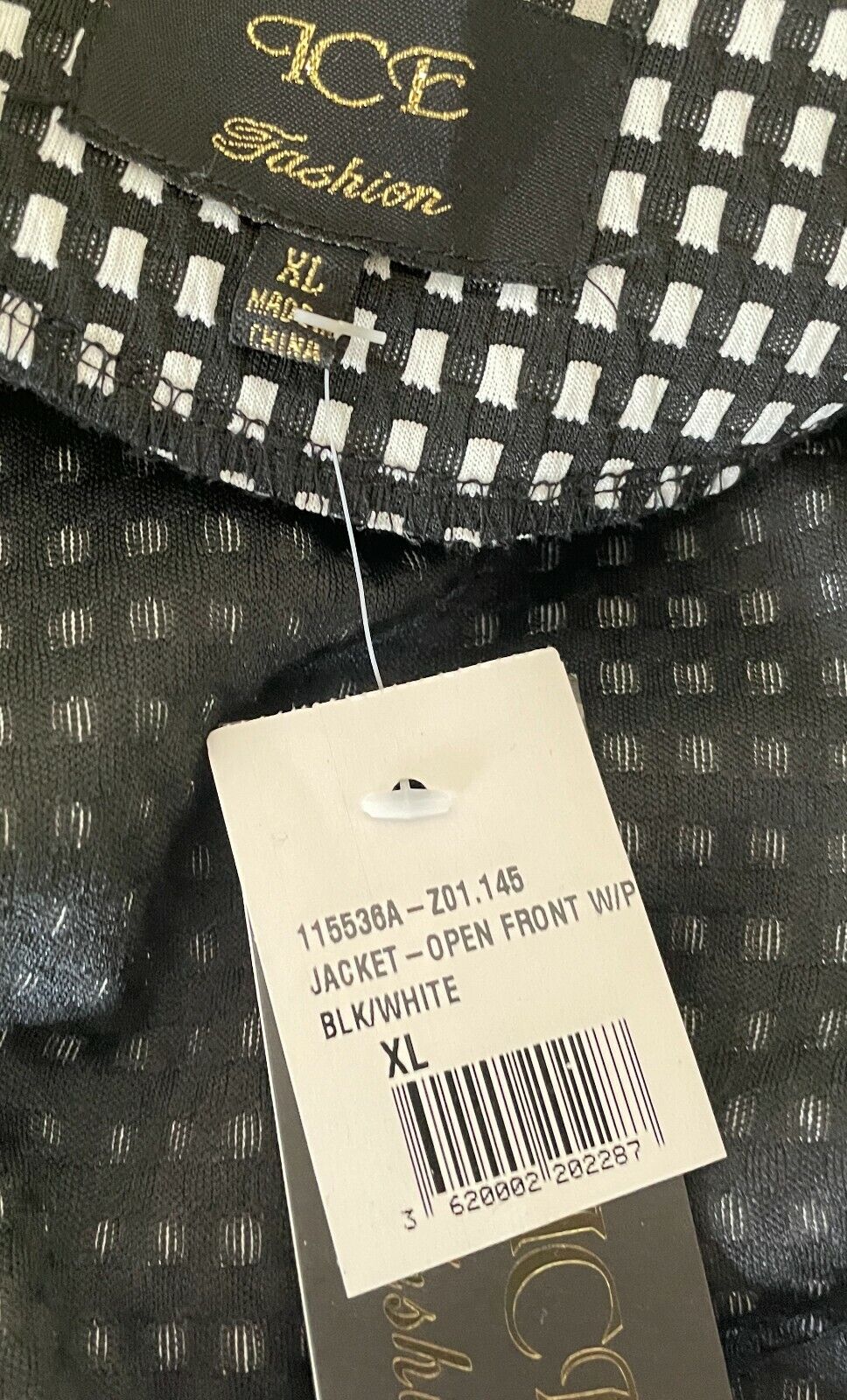 ICE FASHION Jacket Black White Check Print Collarless Long Sleeve Size XL 12 NEW