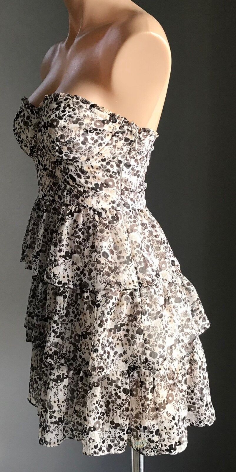 GUESS Strapless Dress Brown White Beige Floral Bustier Tier Ladies Size S 10 NEW