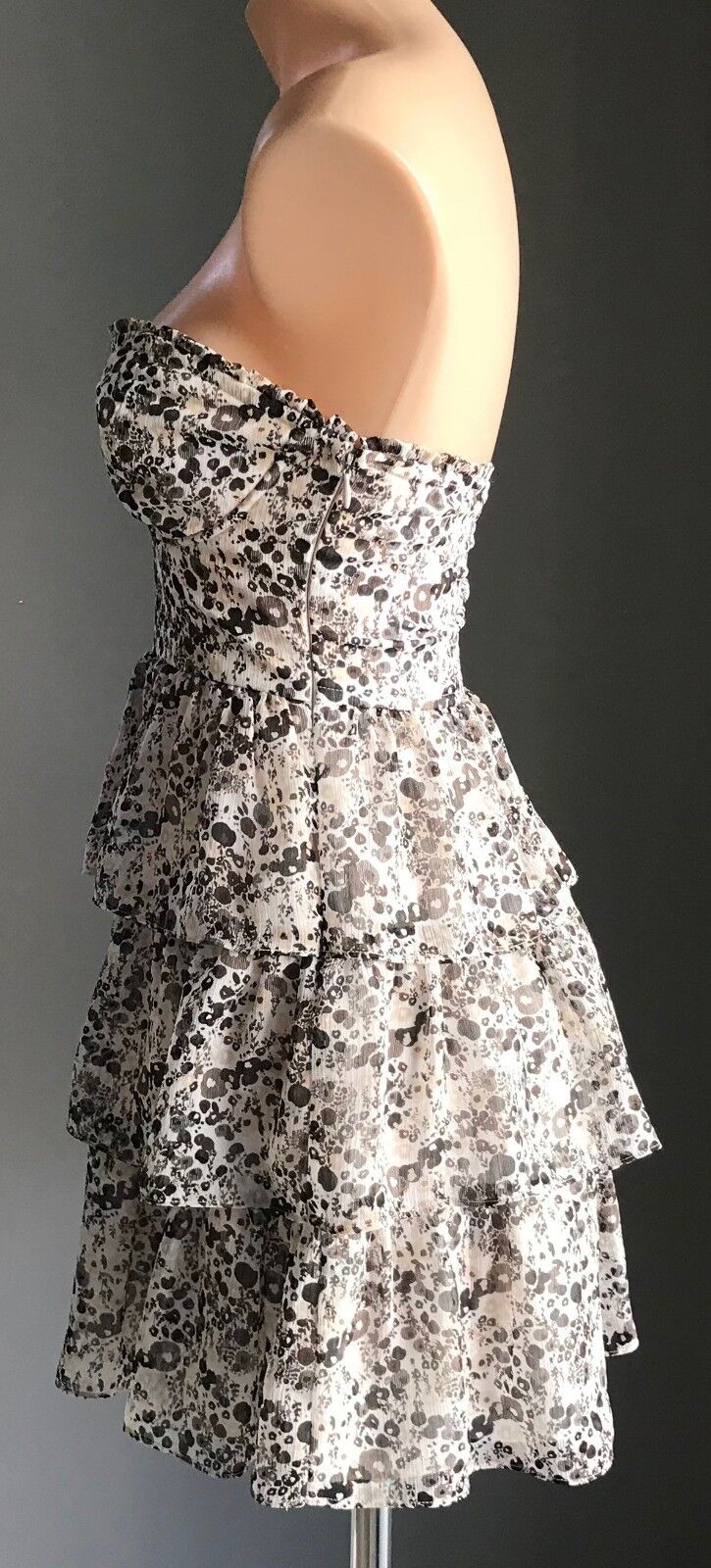 GUESS Strapless Dress Brown White Beige Floral Bustier Tier Ladies Size S 10 NEW