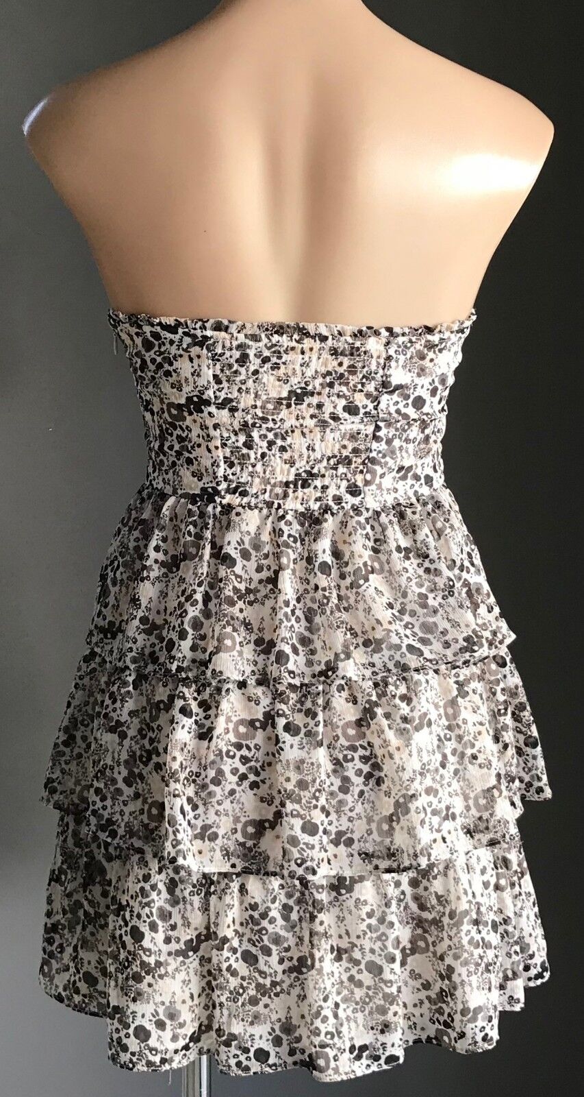 GUESS Strapless Dress Brown White Beige Floral Bustier Tier Ladies Size S 10 NEW