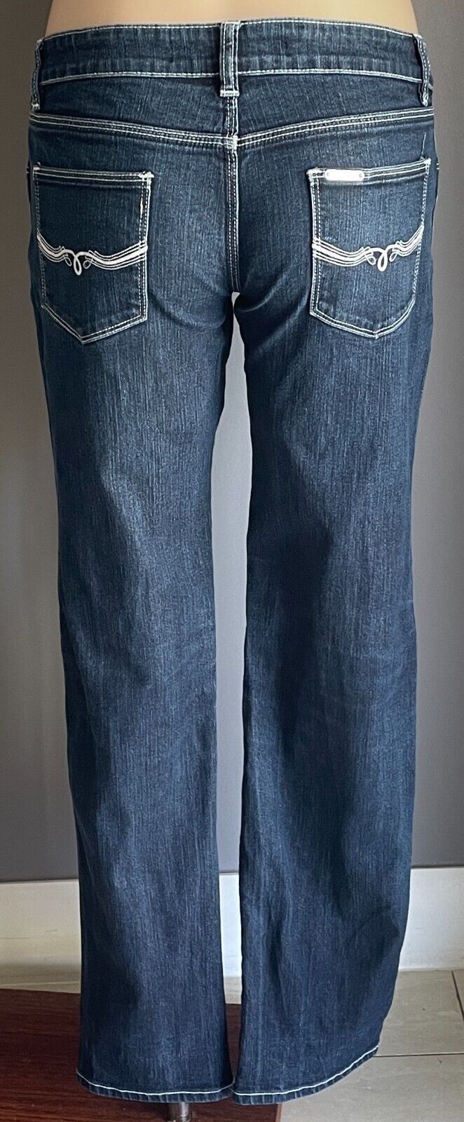 LEE Supatube Stretch Jeans Dark Indigo Denim Tapered Ladies Size 11 White Stitch