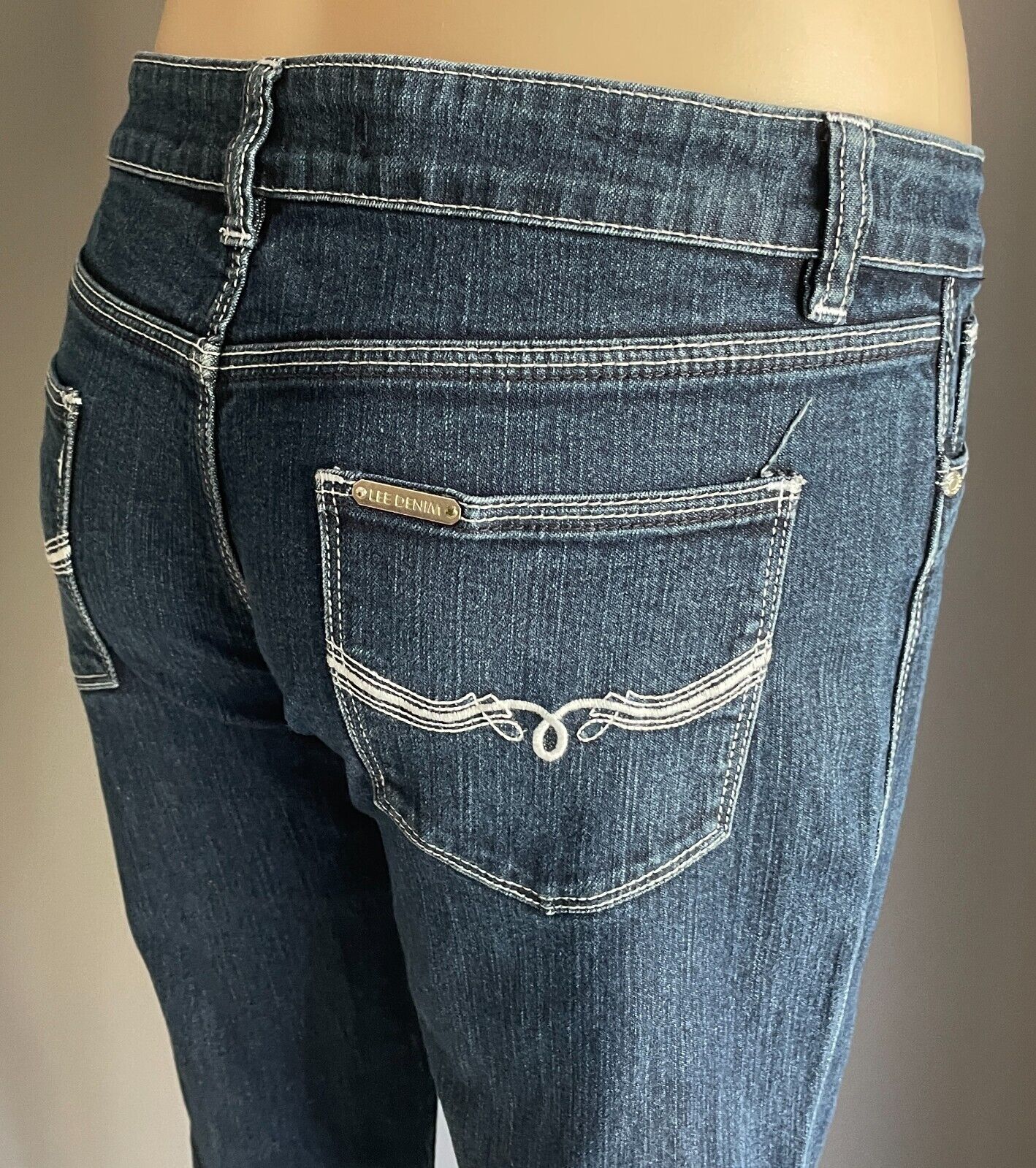 LEE Supatube Stretch Jeans Dark Indigo Denim Tapered Ladies Size 11 White Stitch