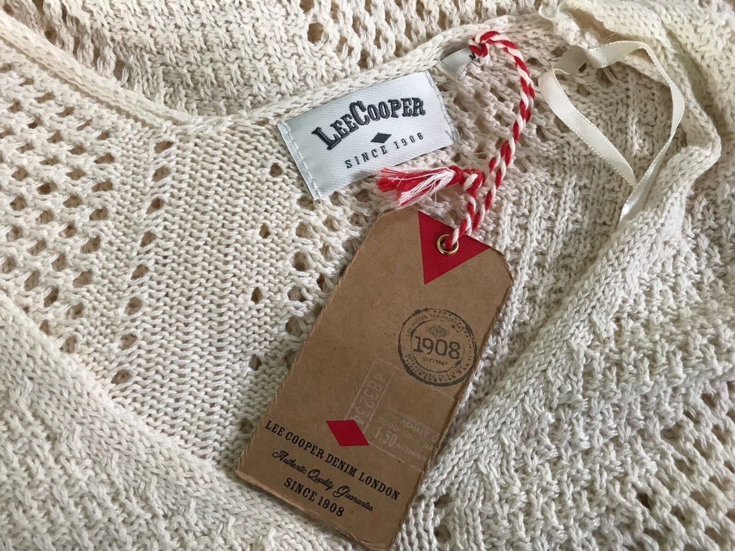 LEE COOPER Knit Top Cream Pointelle Chevron Fringe Trim Sleeveless Size M 12 NEW