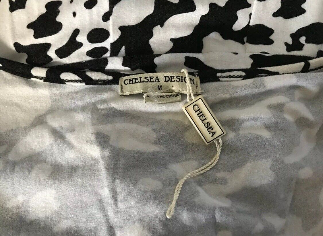 CHELSEA DESIGN Sheath Dress Black Stretch Satin Jersey Beige Knot Trim Size 10