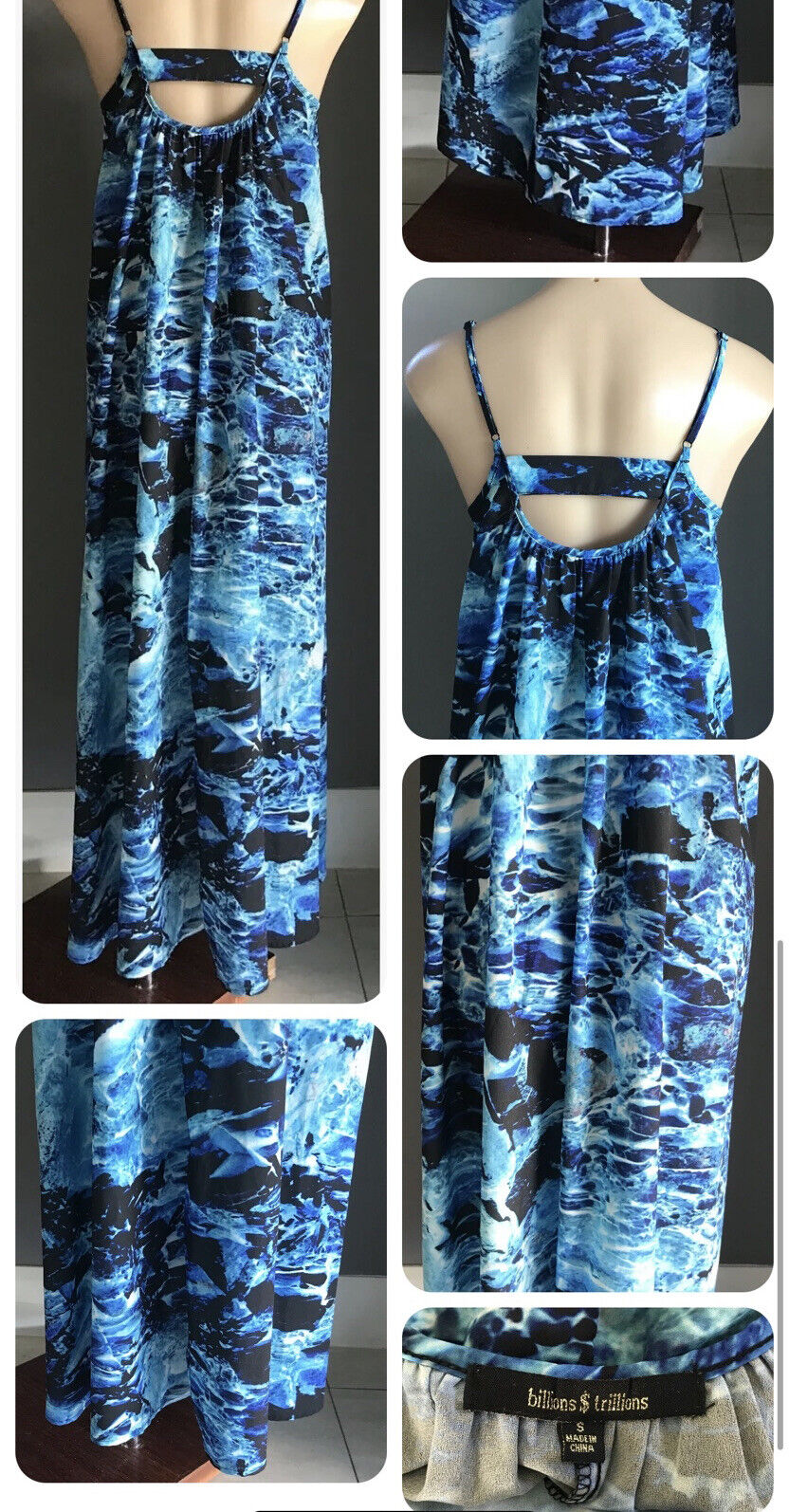 BILLIONS $ TRILLIONS Maxi Dress Hi Lo Blue Watercolour Sleeveless A-Line Sz S 10