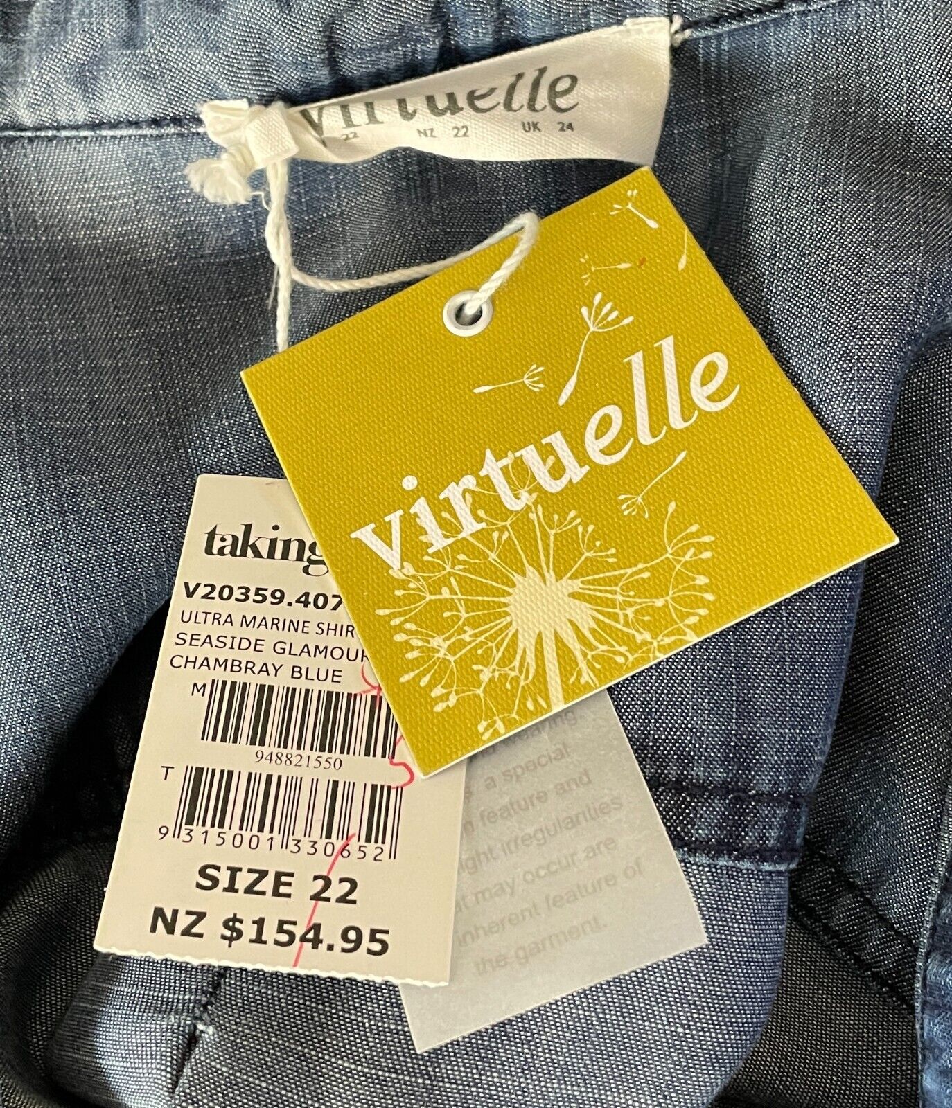 VIRTUELLE TS Chambray Blue Tencel Shirt Long Sleeve Embroidered Size 22 NEW