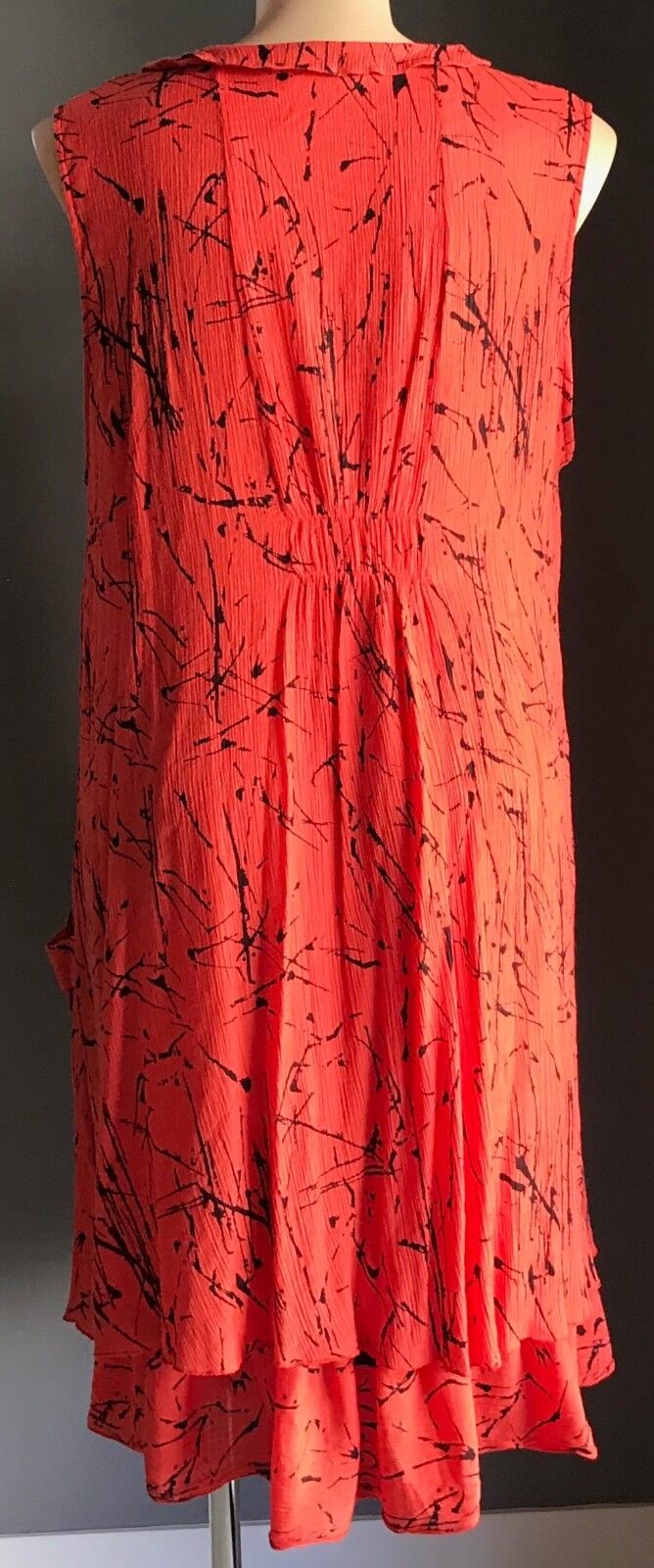 VIRTUELLE Tunic Dress Sleeveless Orange Black Abstract Print Frill Neck Size 24