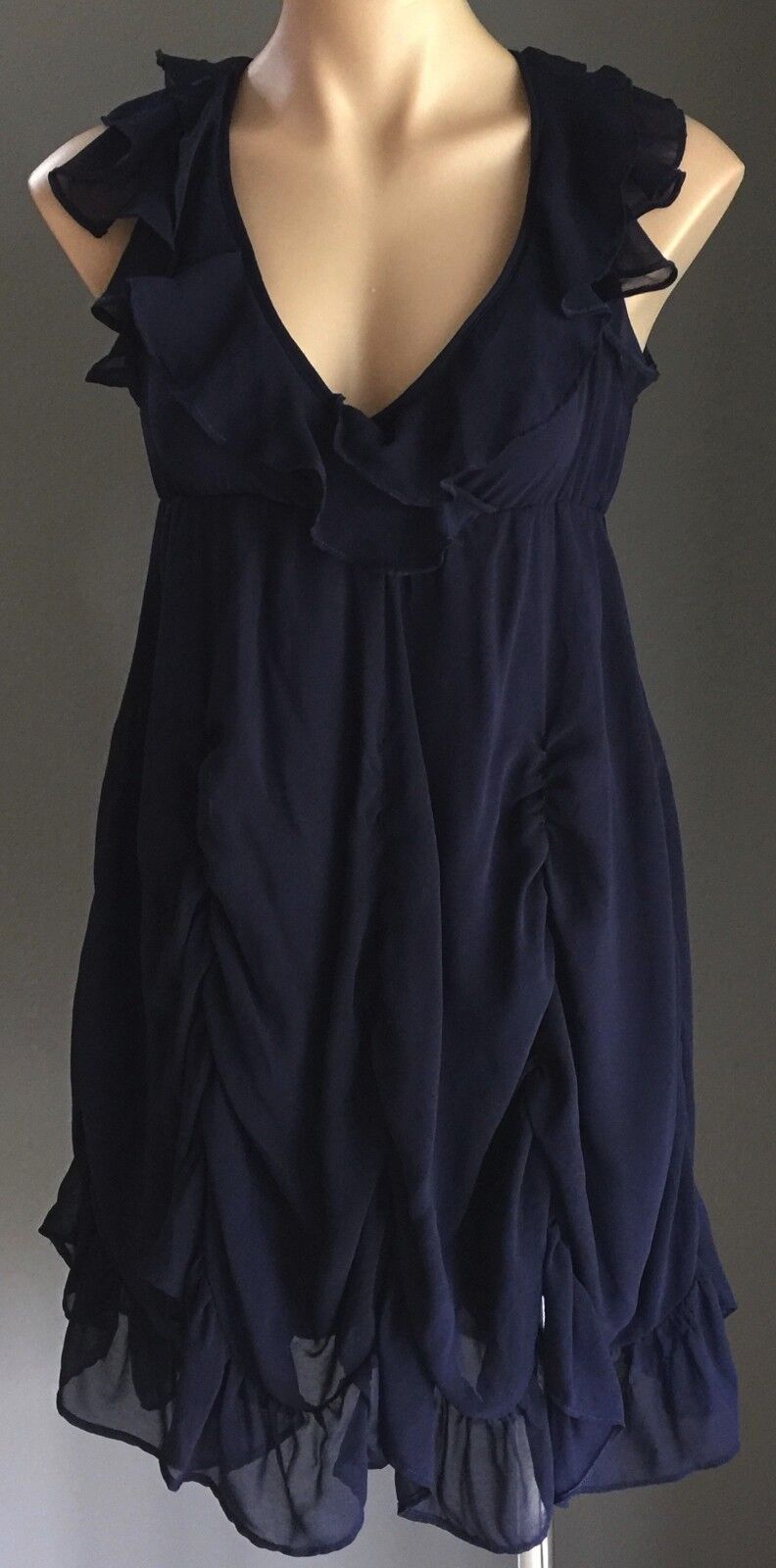 Dress Navy Blue Frill Detail Ruched Chiffon Ladies Size 10 - Dressy STUNNING!