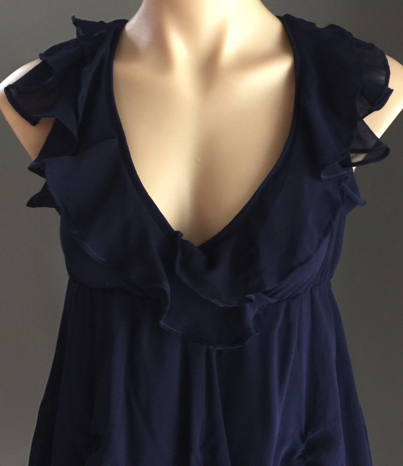 Dress Navy Blue Frill Detail Ruched Chiffon Ladies Size 10 - Dressy STUNNING!