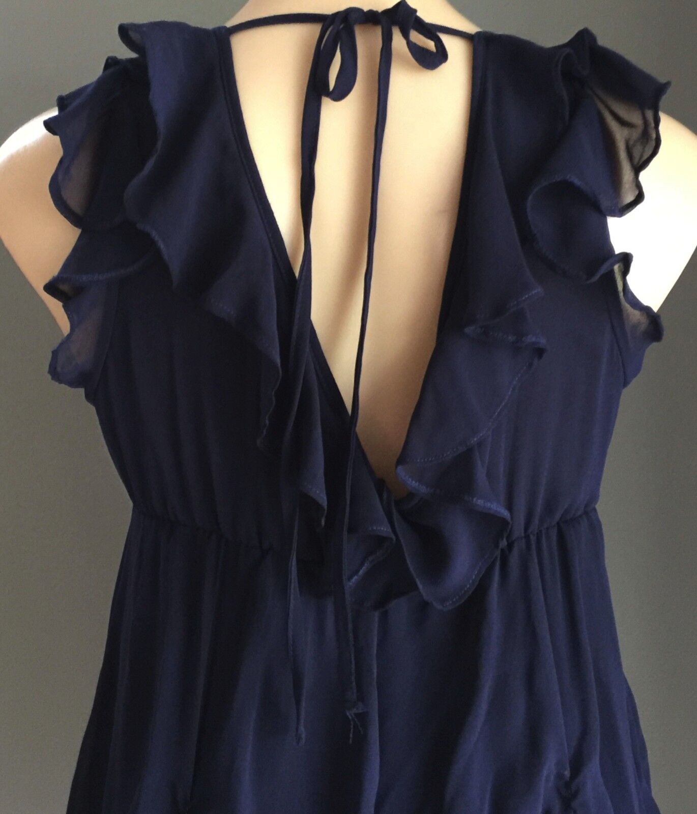 Dress Navy Blue Frill Detail Ruched Chiffon Ladies Size 10 - Dressy STUNNING!