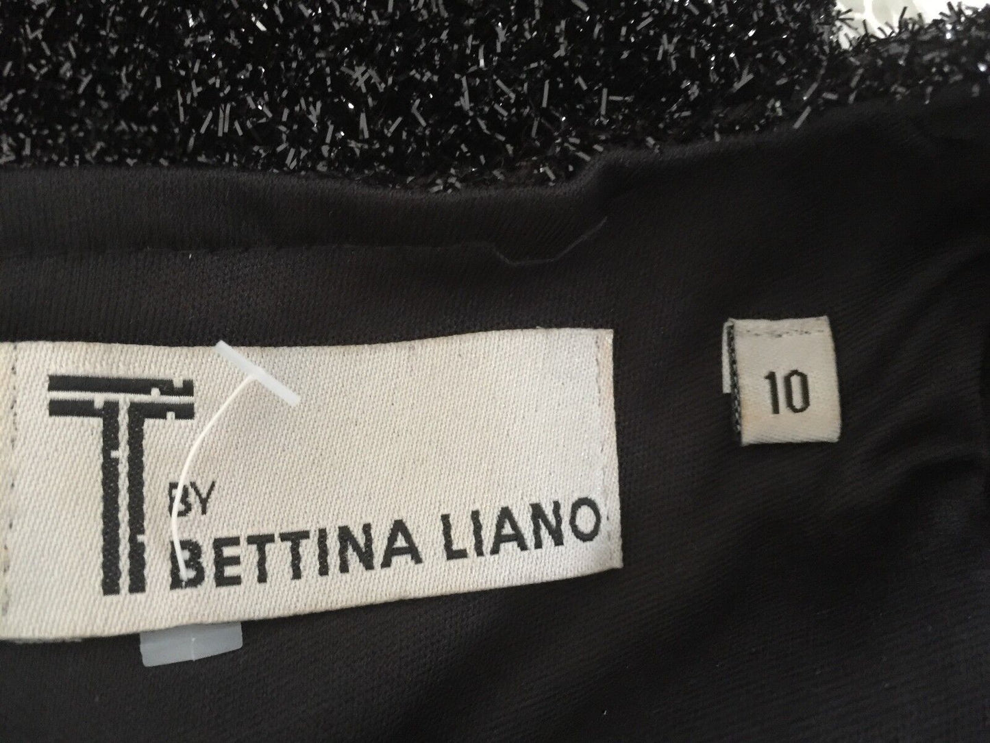 T by BETTINA LIANO Dress Black Lurex Cut Out Back Short Sleeve Mini Size 10 NEW
