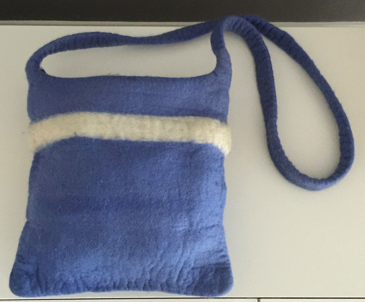Vintage WOOLLEN FELT BAG Blue & White Stripe Cross Body Shoulder Bag NEPAL
