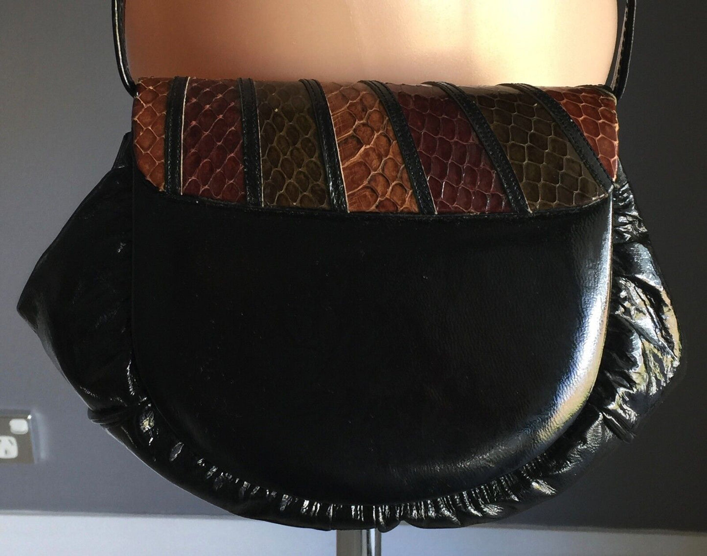 Vintage Shoulder Bag Black Brown Tan Patent Faux Snake Skin & Leather Flap Purse