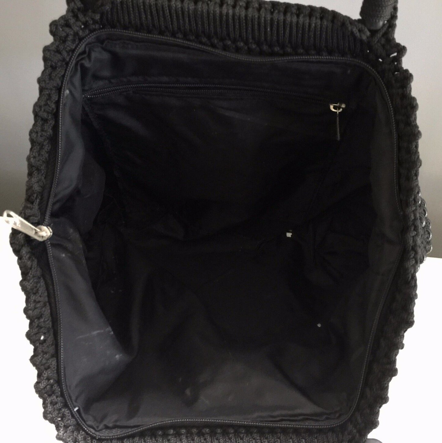 Vintage Heavy Black Knit & Beaded Tote Shopper Clutch Bag w Rosette Trim