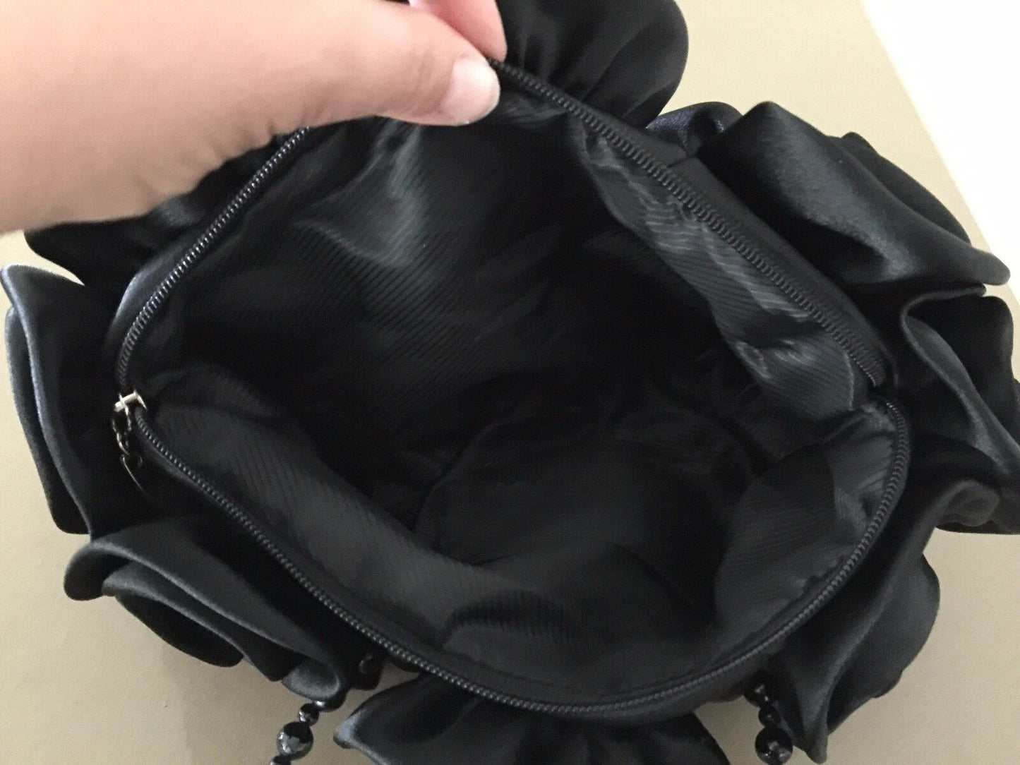 Black Satin Rosette Evening Bag w Beaded Short Handles Handbag Vintage Vibe! NEW