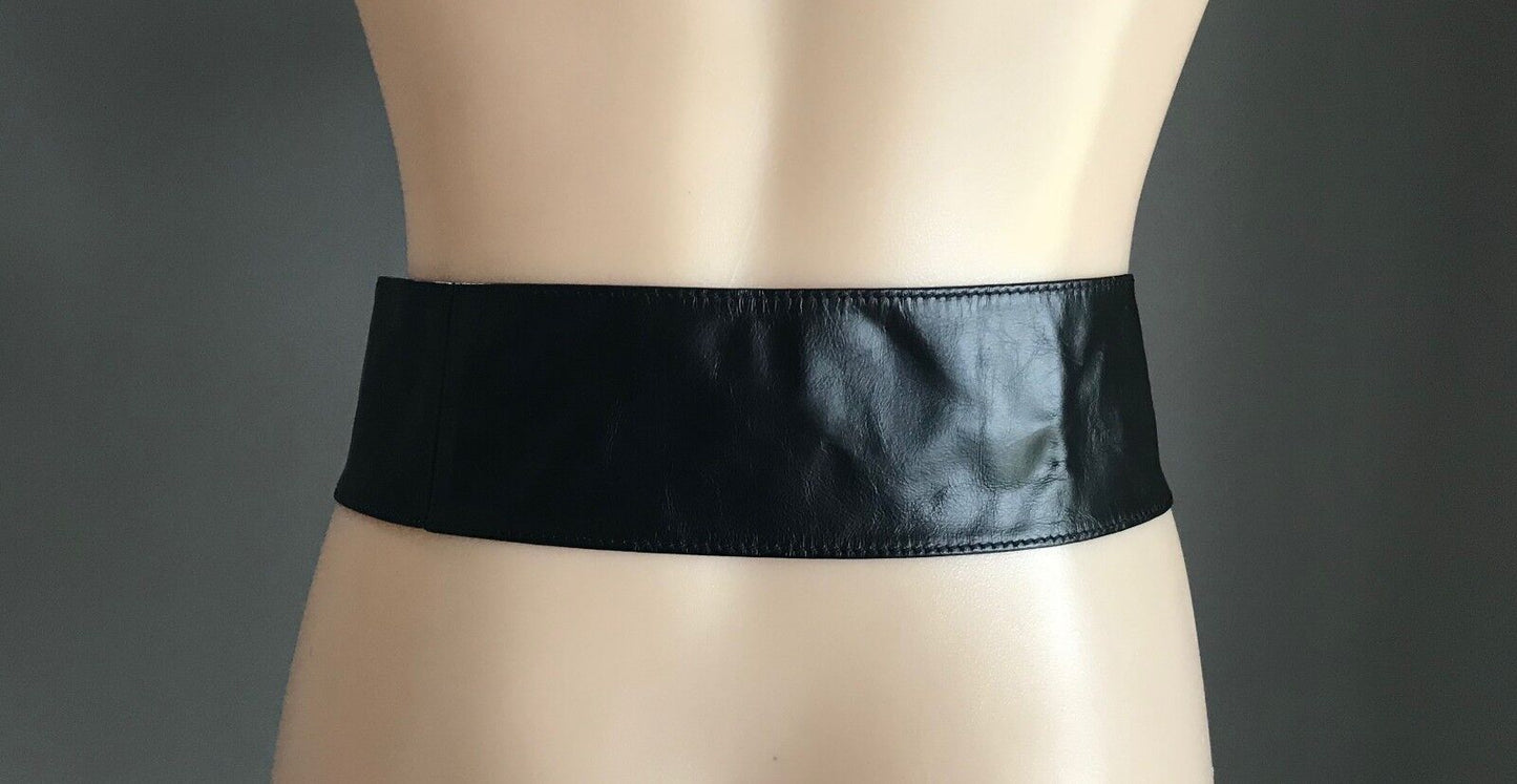 Leather Belt Ladies 7.5cm Black Sash Style Belt Size M L 12 - 14 109cm L