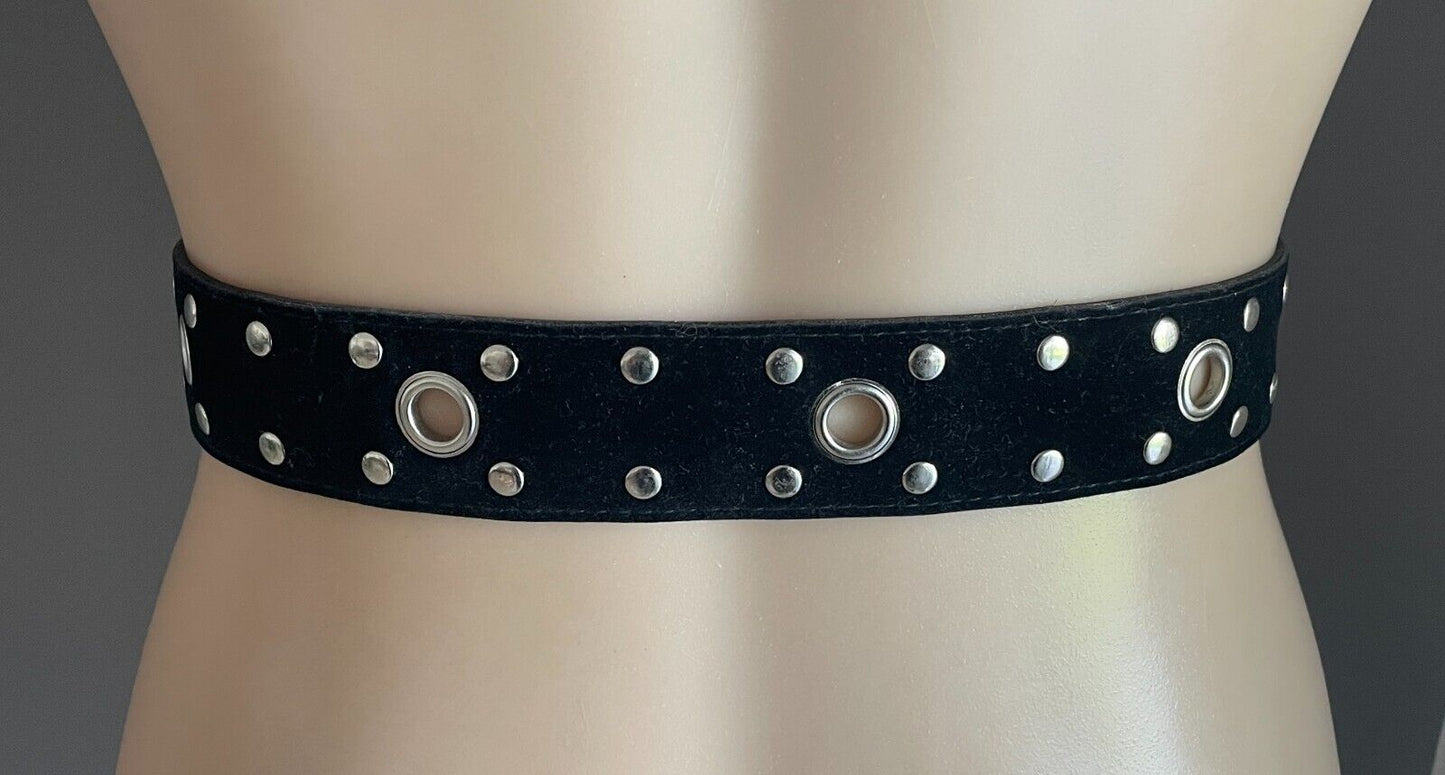 Wide Belt Black Velvet PVC Backed 4cm Size L Studded Ring Trim Waist 88 - 100cm