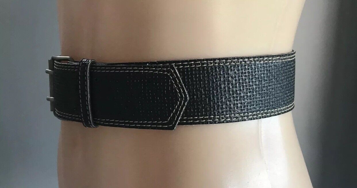 Retro Ladies 4.5cm Belt Black Basket Weave Pattern Belt Stitch Trim Sz 8 10 NEW