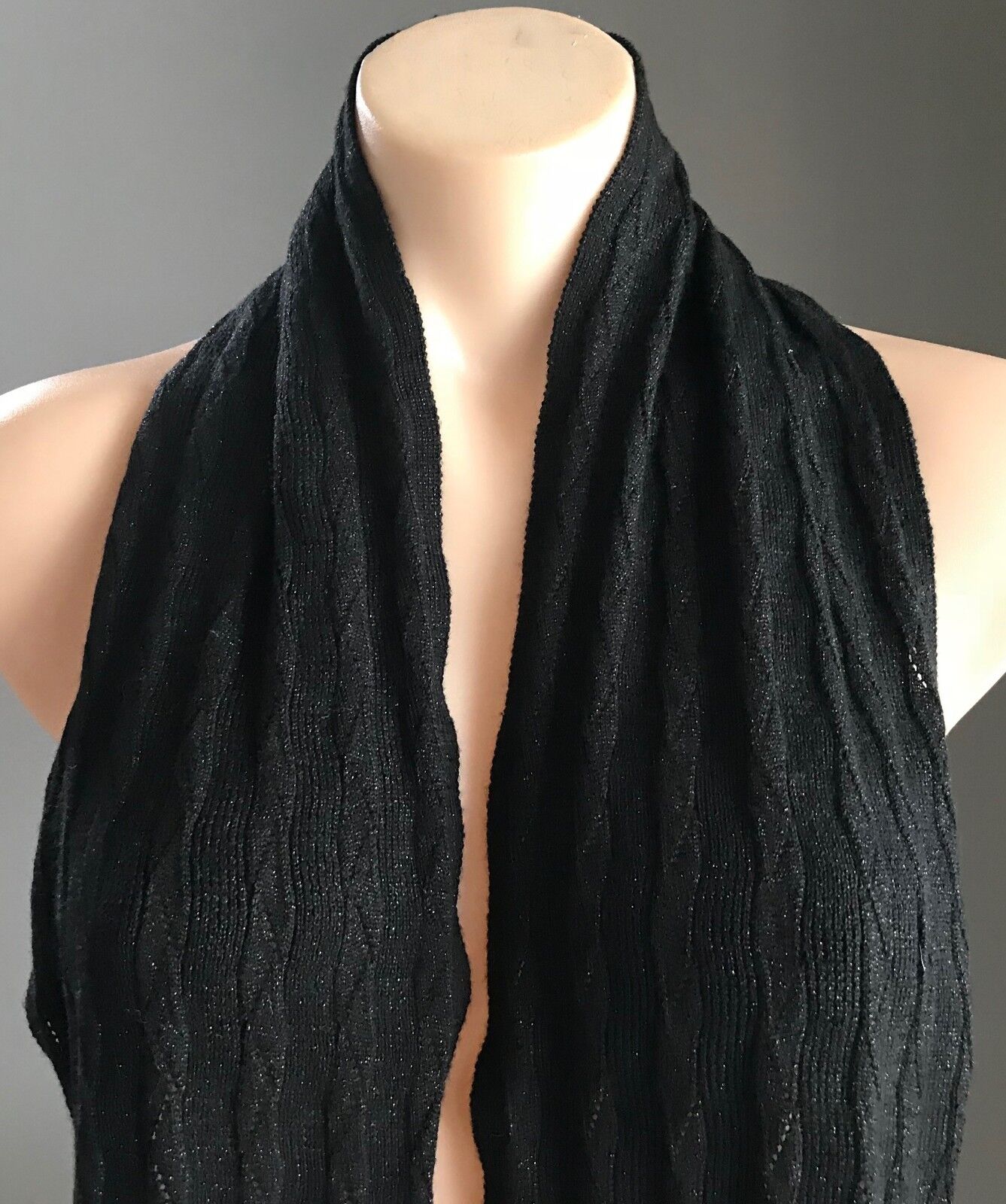 Retro Neck Scarf Black & Silver Thread Lurex Decorative Ribbed Zig Zag Knit NEW