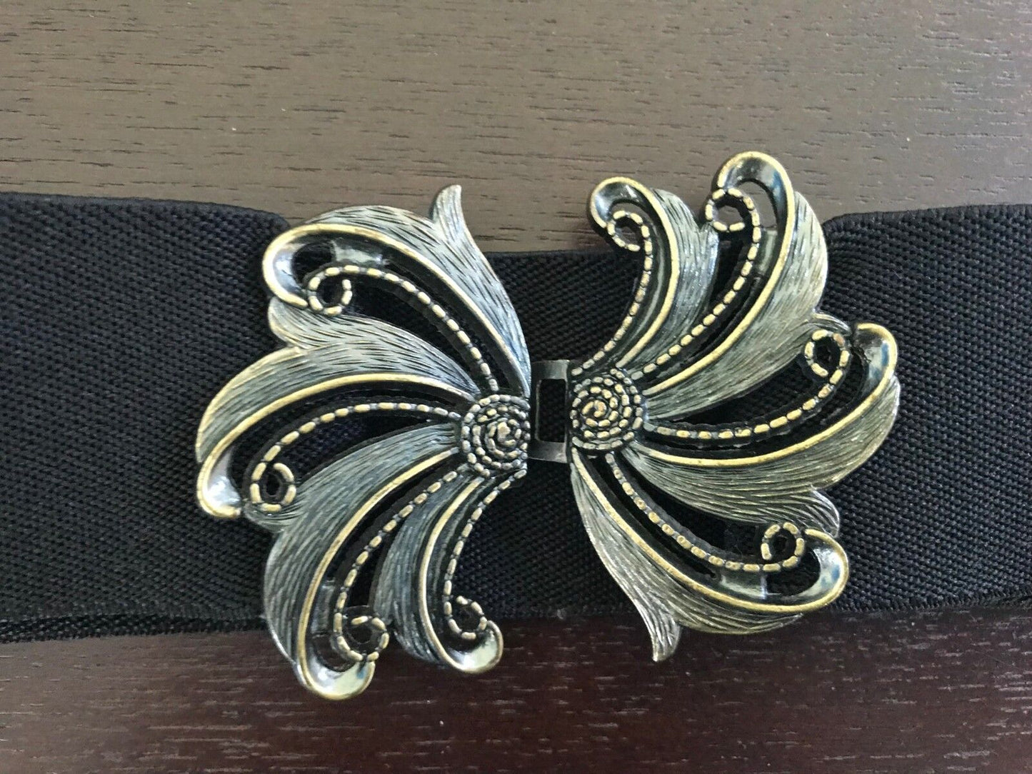 5cm Belt Retro Ladies Thick Elastic Black Ornate Pewter & Bronze Clasp Size 8 12