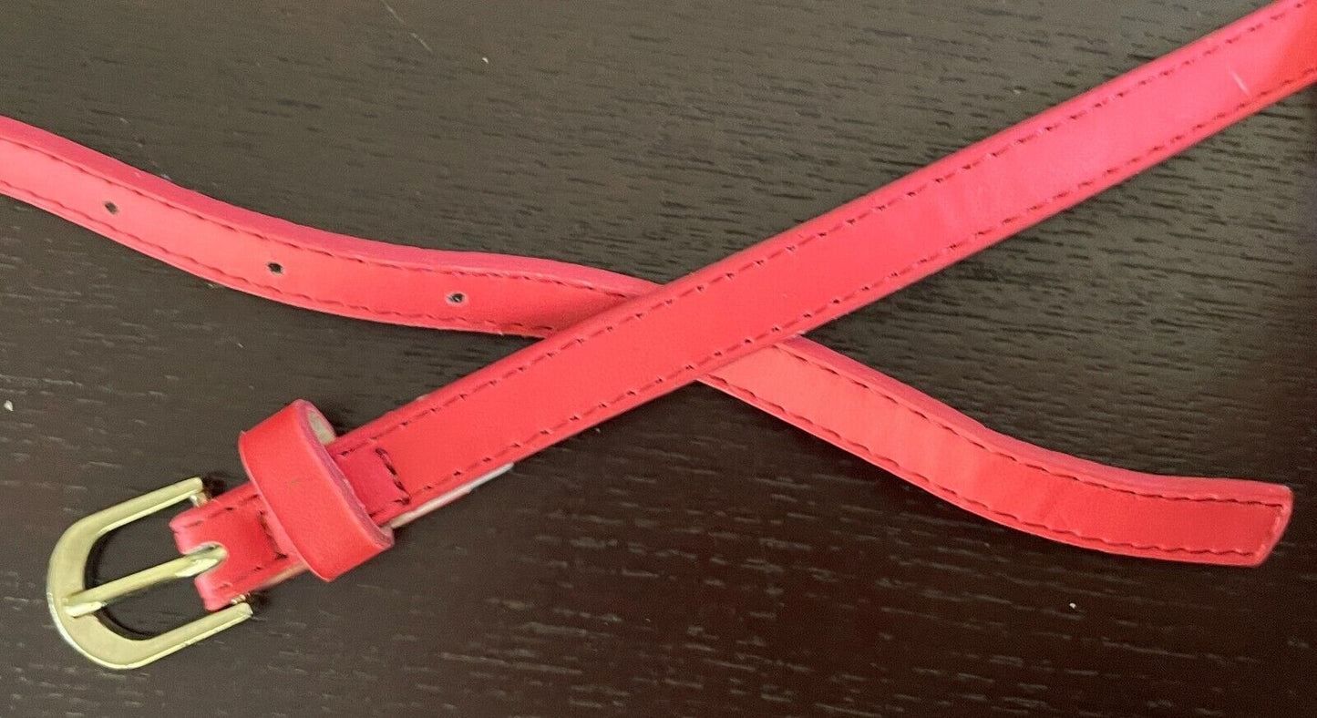 Belt Coral Red Pleather 1.2cm Thin Gold Buckle Size L To Fit Waist 99-109cm