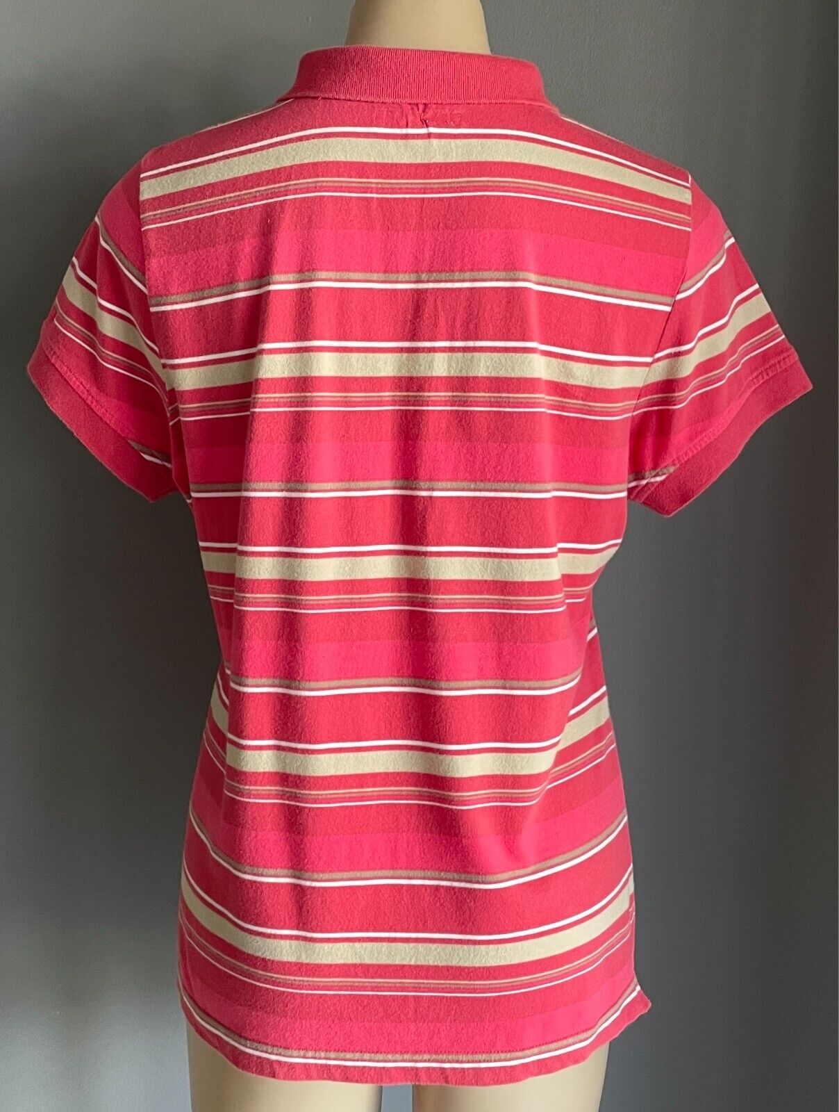JAG Polo Shirt Pink Khaki White Stripe Short Sleeves Cotton Top Ladies Size L