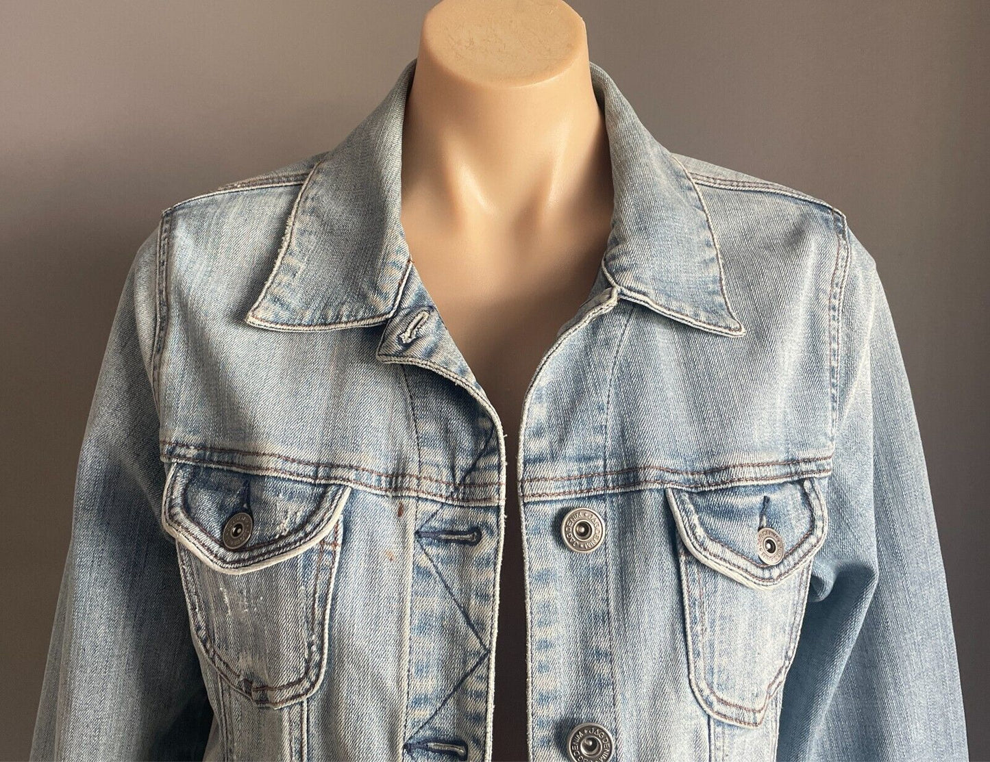 JAG Faded Denim Jacket Size 12 Classic Cut Long Sleeves Distressed Mens
