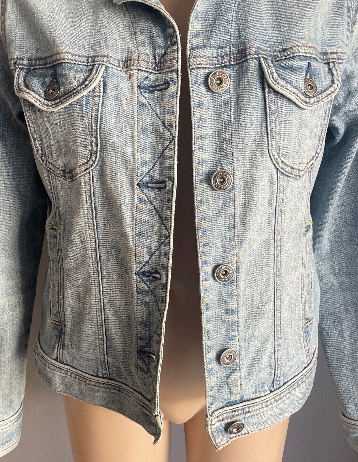 JAG Faded Denim Jacket Size 12 Classic Cut Long Sleeves Distressed Mens