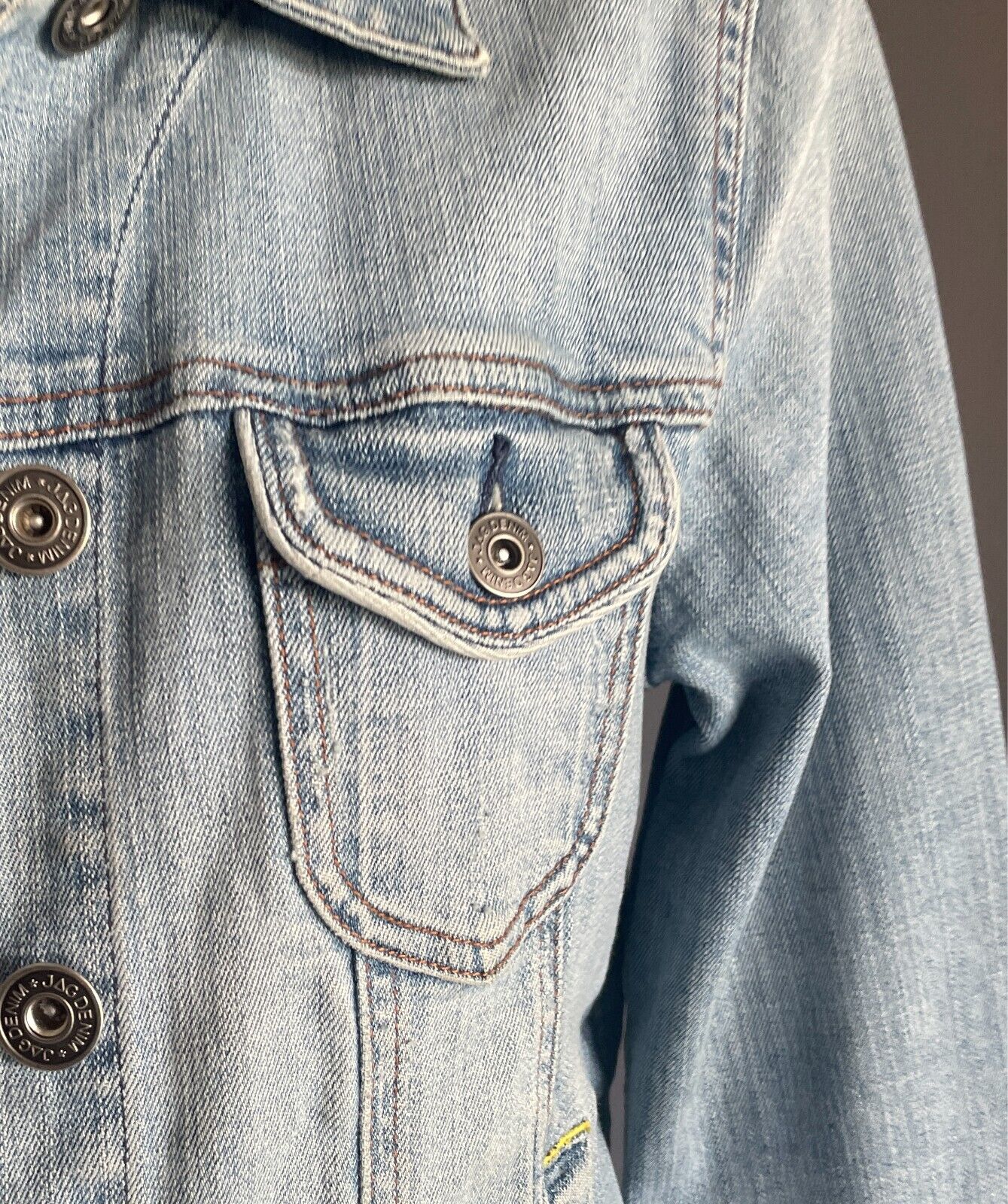 JAG Faded Denim Jacket Size 12 Classic Cut Long Sleeves Distressed Mens