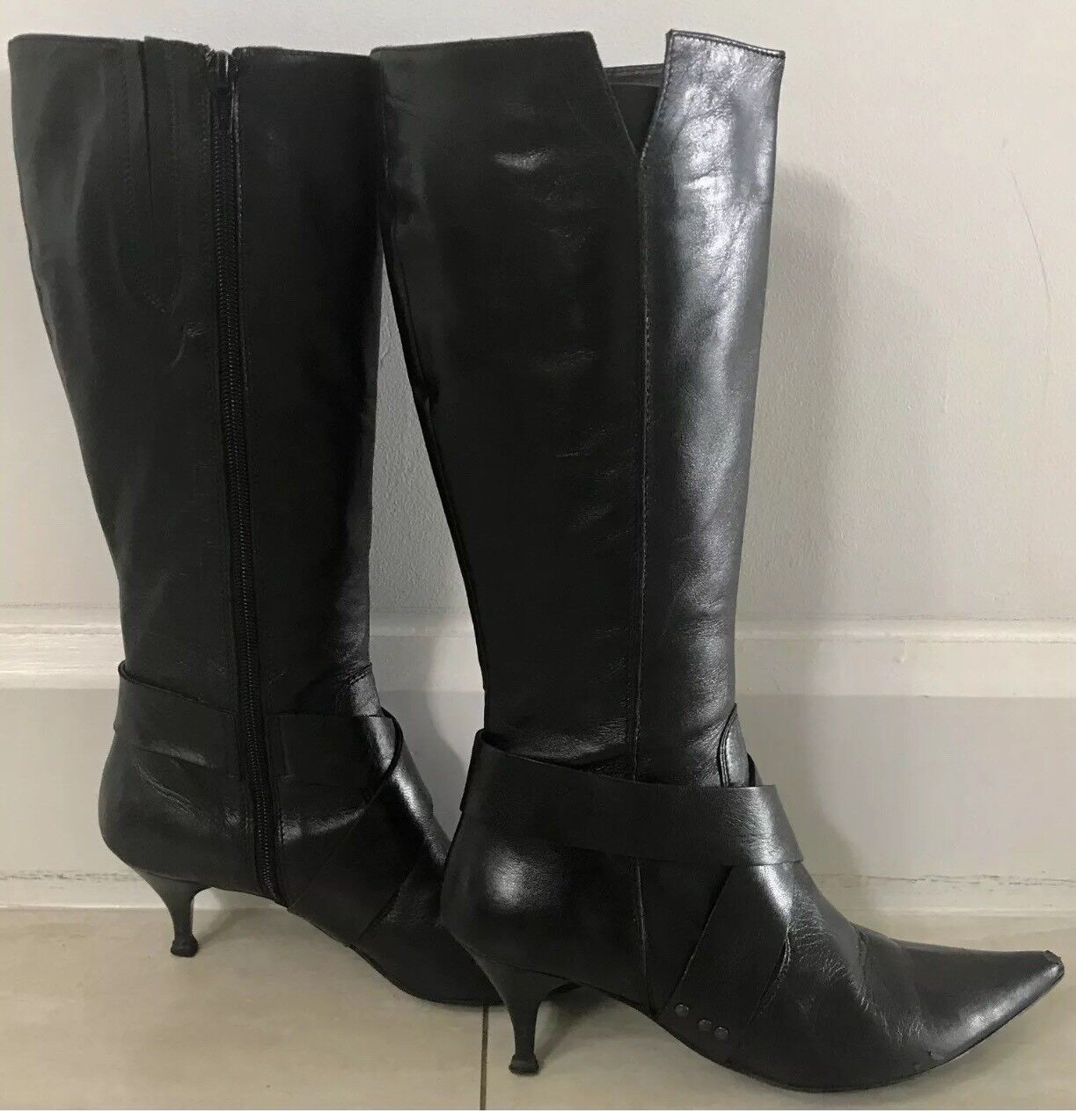 Vintage GALLORINI Boots Black Leather Knee High 6.5cm Kitten Heels Ladies Sz 37