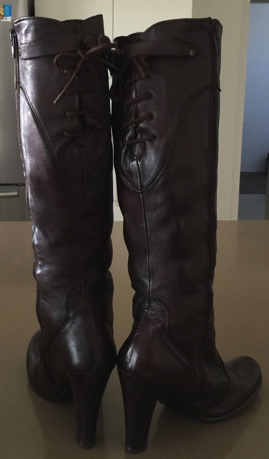 TORRETTI Boots Brown Leather Long Knee High Size 39 w Lace Up Back Ab Fab Ladies