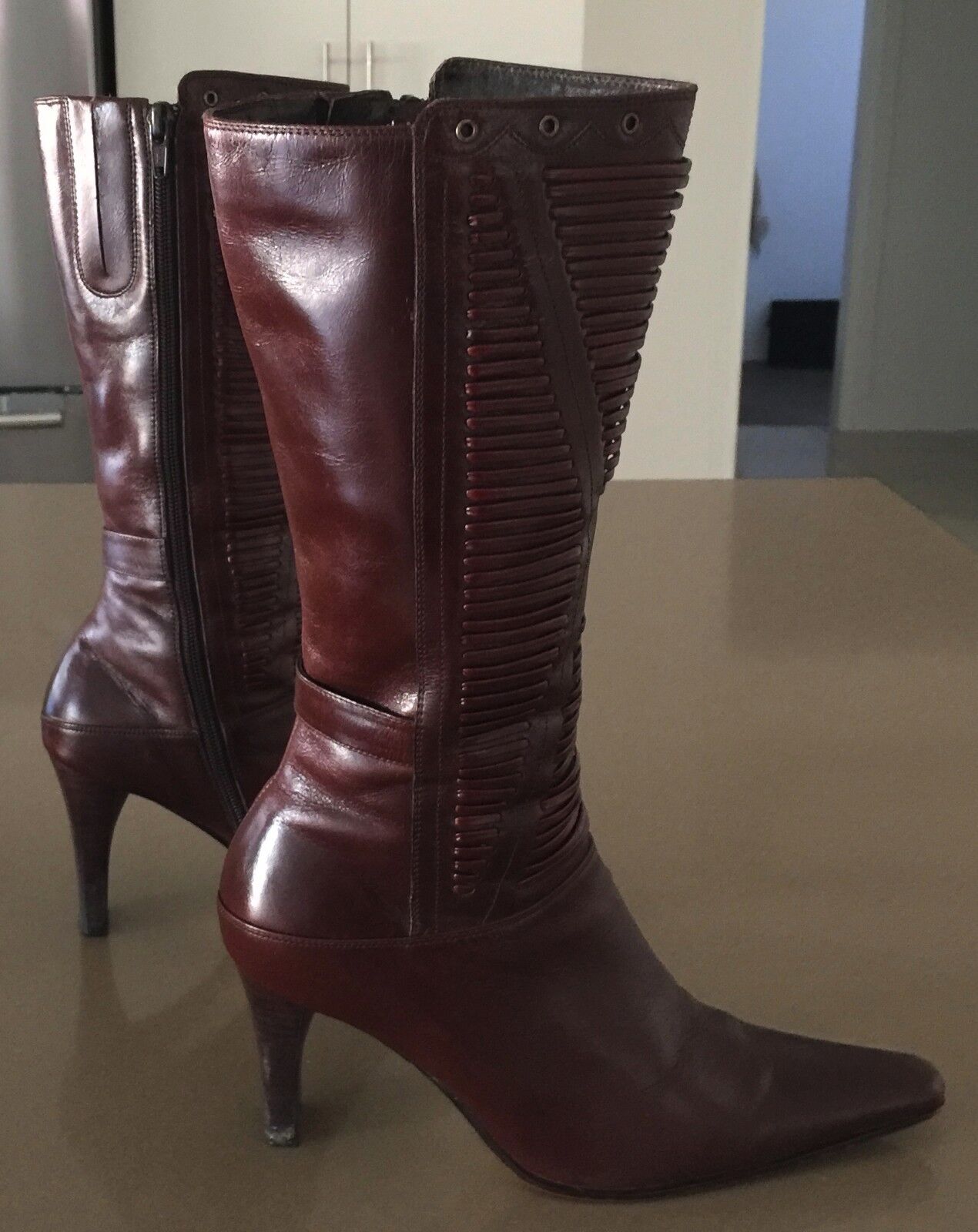 Leather High Boots Rich Dark Tan Pointy Toes 9cm Heel Boots Ladies Size 36.5